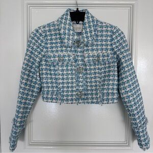 Ramy Brook Maleah Houndstooth Tweed Jacket Blazer Womens S Blue Preppy City Chic